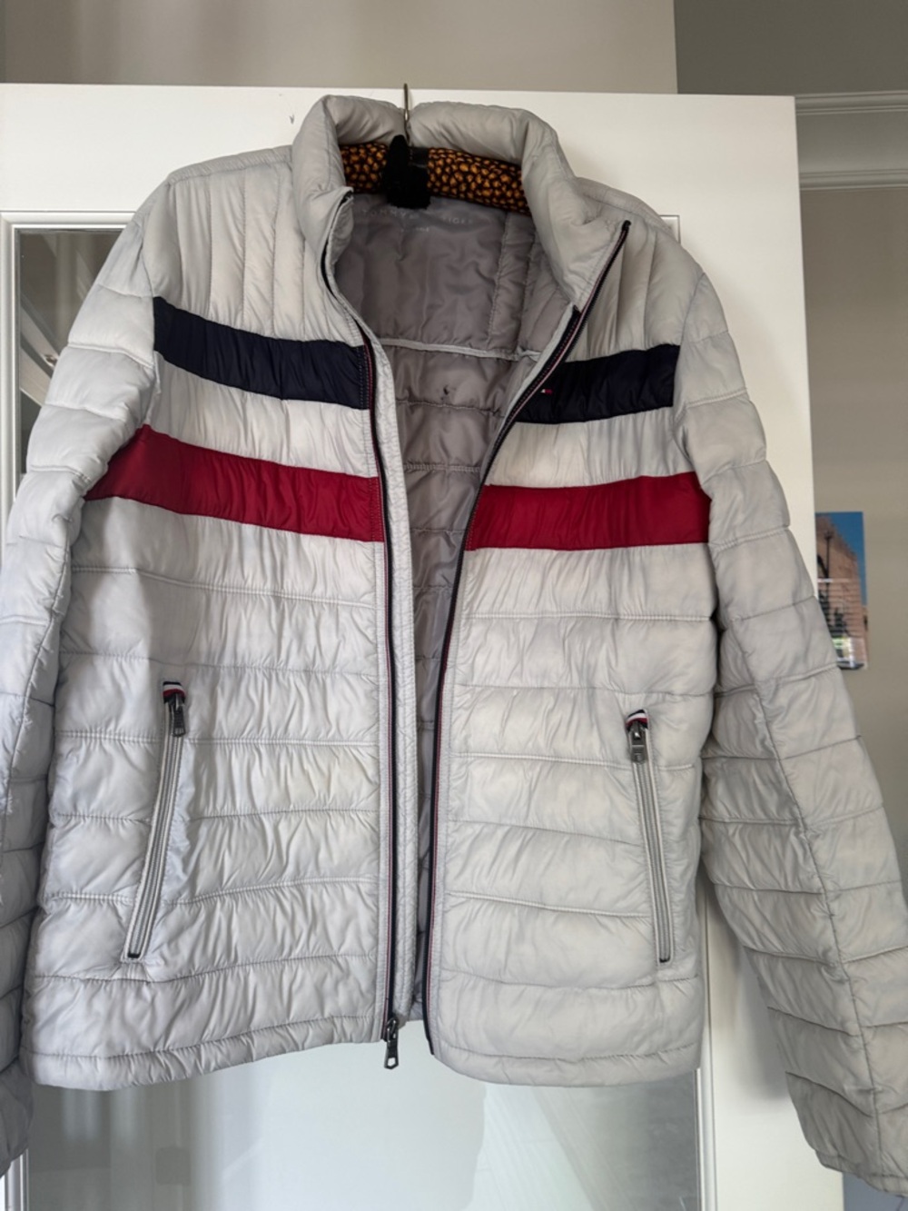 Tommy Hilfiger Light Gray Puffer Jacket with Navy and Red Stripes
